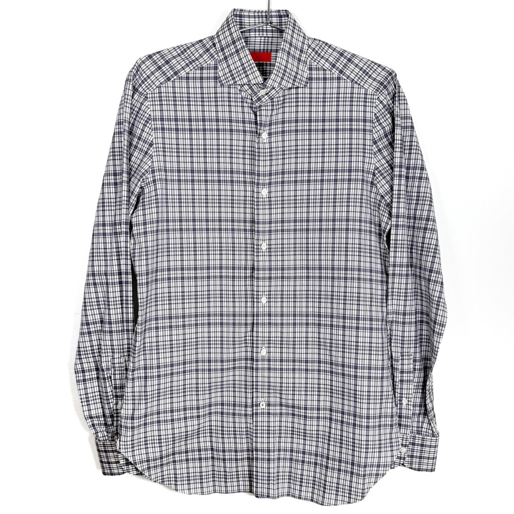 ISAIA Napoli Mens Dress Shirt 15 1/2 Check‎ Plaid Black & White Button Up